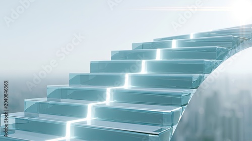Gleaming glass stairs ascend into bright light, suggesting progress