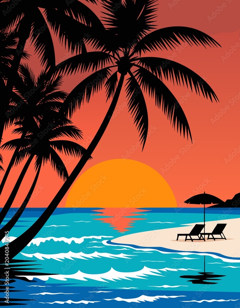 Fototapeta premium A tropical beach scene at sunset, rendered in a flat, illustrative vector art style. Silhouetted palm trees dominate the left side of the frame