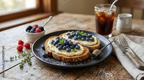 Toast bread with blueberry on black plate.