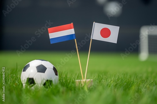 Netherlands and japan flags with soccer ball on green field