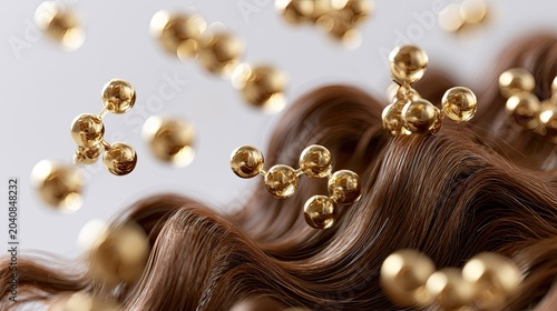 Golden molecular structures float around flowing brown hair strands