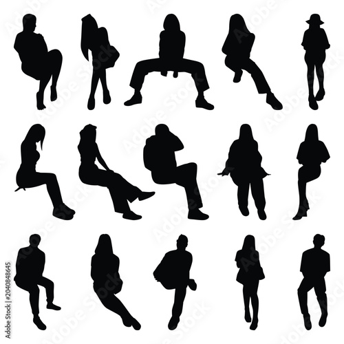 Vector collection set of sitting people silhouettes.	