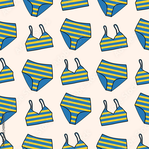 Colorful Striped Lingerie Pattern Vector Illustration. Seamless pattern of colorful striped women's lingerie, including bras and panties.