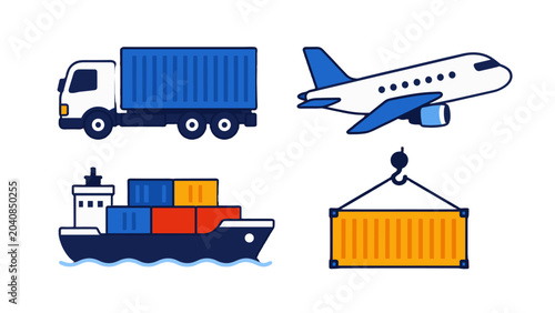 Logistics transport icons with truck airplane ship and container