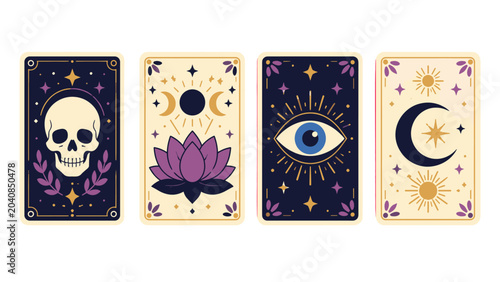 Foto Set of mystical cards with skull, lotus, eye and crescent moon