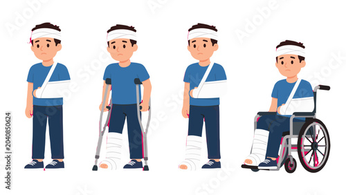 Injured man character set with sling cast crutches and wheelchair