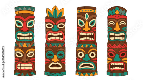 Foto Colorful carved tiki mask totem poles vector set