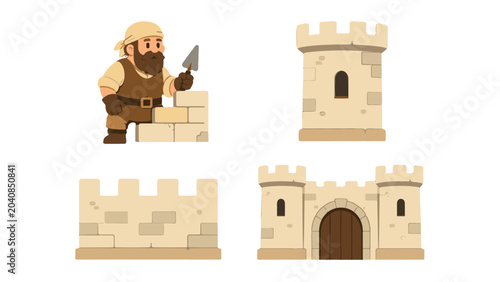 Tablou pe pânză Cartoon medieval castle construction elements vector set