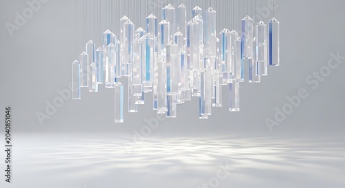Abstract cluster of translucent cylindrical prisms modern decorative lighting fixture suspended art installation with light reflections on a clean studio background