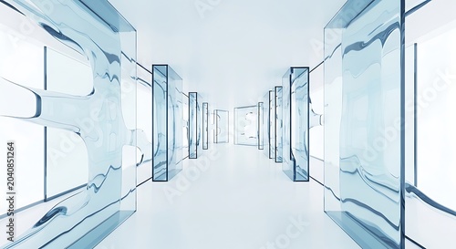 Abstract futuristic corridor with glowing blue glass panels representing technology and modern architecture ideal for science fiction or corporate backgrounds