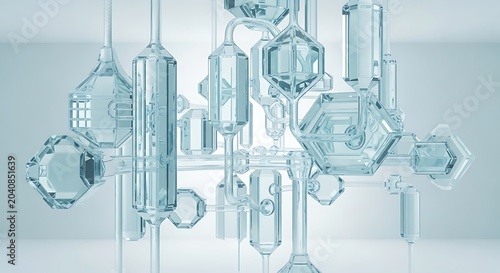 Abstract geometric crystal structures translucent 3D render with clean lines and light reflections suitable for science or technology concepts
