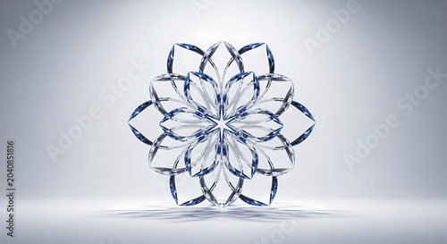 Abstract crystalline snowflake ornament geometric fractal pattern with blue accents isolated on a soft gradient background for winter design