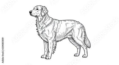 A detailed black and white line drawing depicts a golden retriever standing in a profile view. The dog has a long, flowing coat and a gentle expression.