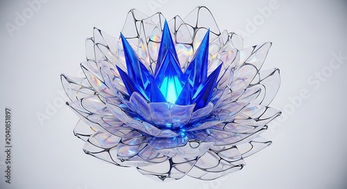 Abstract glowing lotus flower sculpture illuminated with blue light representing spirituality and serenity isolated on a white background