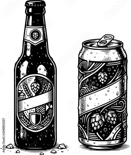 Refreshing beer bottle and can beverage drink alcohol refreshment beverage vector
