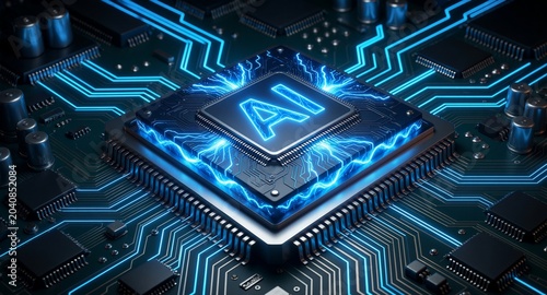 AI Chipset on Circuit Board, Glowing Neural Network, Futuristic Technology, Digital Transformation, Innovation, Artificial Intelligence - The Future of Computing.