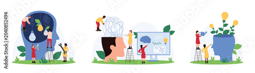 Innovation idea, positive mindset development set. Tiny people check complicated chaos and knots mess in human head, simplify problem to easy order, change thoughts growth cartoon vector illustration