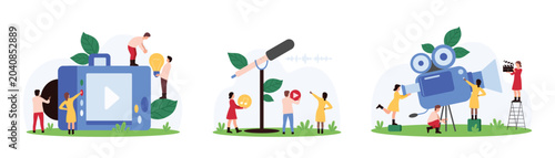 Online audio and video, podcast recording, live streaming and movie production set. Tiny people record sound with microphone, use professional camera to make film cartoon vector illustration