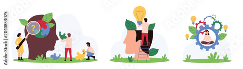 Wellbeing, effective coaching, knowledge set. Tiny people put light bulb to open mind, study puzzle pieces with magnifying glass inside head, yoga training inside gear cartoon vector illustration