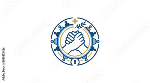 Εκτύπωση καμβά Teamwork and Unity Emblem with Handshake, Olive Branch, and Community Circle