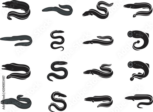 фотографія Set of eel and lamprey vector illustrations showing diverse aquatic species in m
