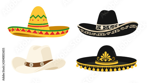 Set of four decorative sombrero and cowboy hat illustrations