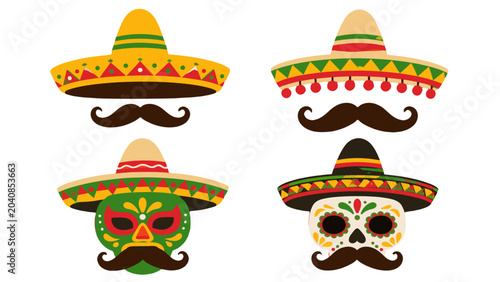 Cartoon sombrero hats with mustaches and decorative masks set