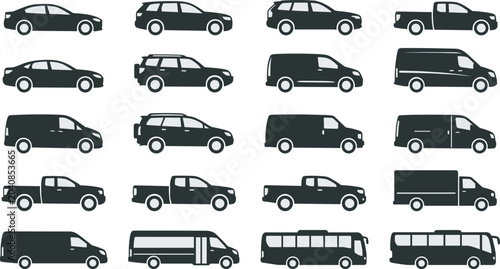 Cuadro en lienzo Vehicle Silhouette Icon Collection Featuring Cars Vans Trucks SUVs and Buses for