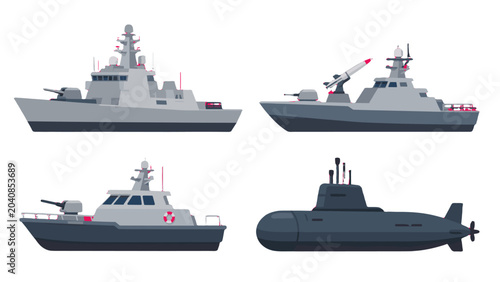Foto Set of modern naval warships and submarine in flat vector style