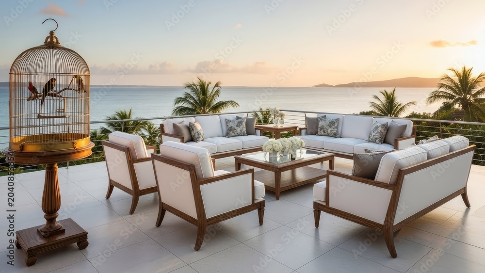 Obraz premium Luxury patio furniture and birdcage overlooking ocean at sunset