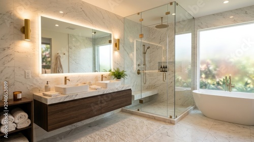 A luxurious bathroom features a large marble wall, a floating vanity with a wooden countertop, and a glass-enclosed shower. A freestanding bathtub sits adjacent to the shower.