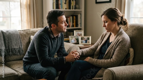 A man and a woman sit closely on a sofa, holding each other's hands. They appear to be engaged in a serious conversation, with the woman showing signs of sadness or distress.