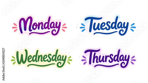 Bilde på lerret Hand drawn weekday lettering sticker set in colorful script