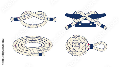 Canvas Print Set of nautical rope knots and coiled cord vector illustration
