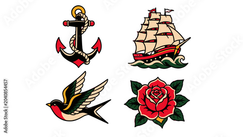 Foto Traditional tattoo flash set with anchor ship swallow and rose