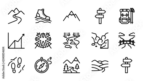 Bild auf Leinwand Hiking Icons Set, Mountain Trail Adventure, Outdoor Travel Vector Graphics, Natu