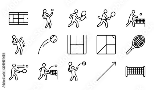 Bild auf Leinwand Tennis Icons Set: Court, Players, Racket, Ball, Net, Action, Sport Graphics