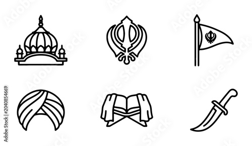 Fotografie Sikhism Icons Set: Khanda, Gurdwara, Kirpan, Turban, Flag, Holy Book Vector Grap