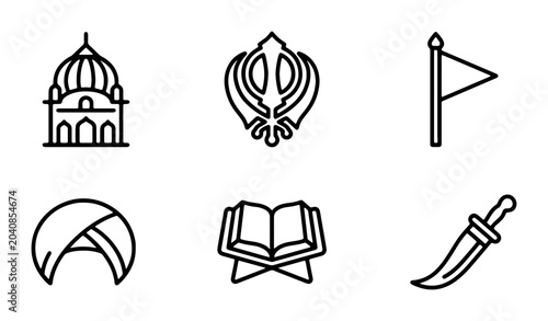 Fotografi Sikhism Icons Set: Khanda, Dastar, Gurdwara, Kirpan, Flag, Holy Book Vector Grap