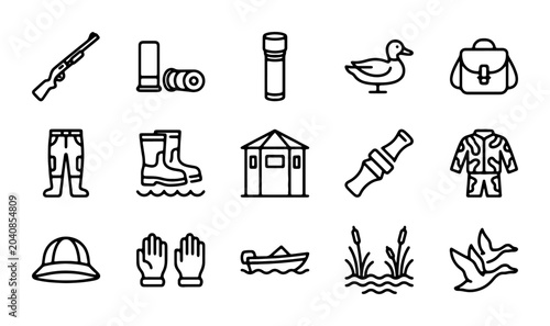 Bild auf Leinwand Hunting Icons Set: Duck, Shotgun, Boots, Camo Jacket, Boat, Decoy, 15 Elements