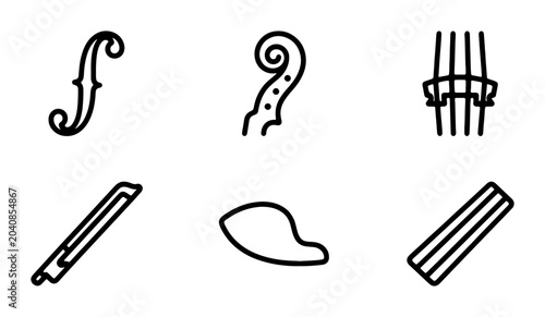 Foto Violin Parts Vector Icons: F-Hole, Scroll, Bridge, Bow, Chinrest, Tailpiece