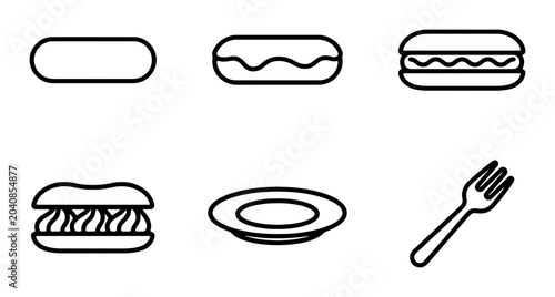 Fotografie Simple Food Icons: Hot Dog, Eclair, Sandwich, Plate, Fork, Vector Graphics