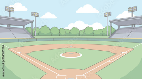 Tableau sur toile Empty baseball stadium field with green grass and grandstands under a blue sky,
