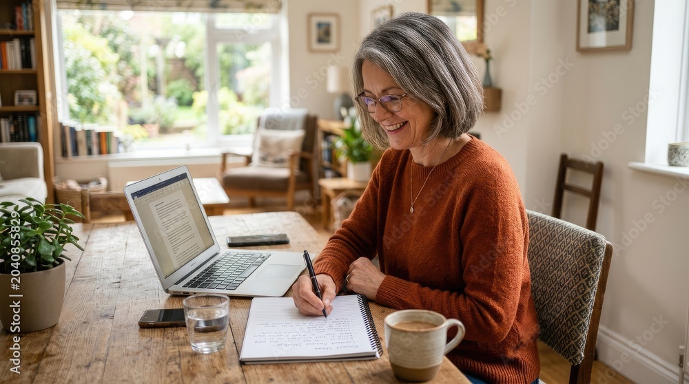 Fototapeta premium A smiling elderly woman sits at a wooden table, working on a laptop. She is writing notes in a spiral notebook and holding a mug of coffee.