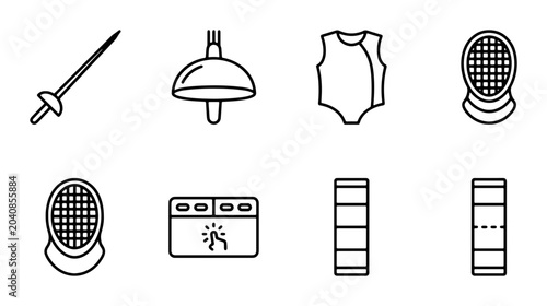 Tableau sur toile Fencing Sport Equipment Icons, Vector Set, Saber, Mask, Jacket, Protective Gear
