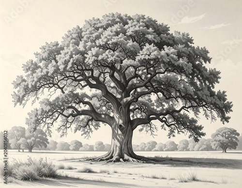 Majestic Spreading Tree Standing Alone in Open Grassy Landscape