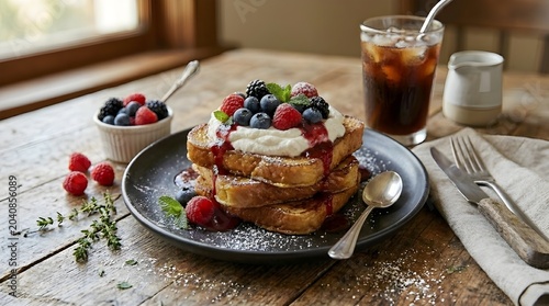 A plate of french toast topped with whipped cream and fruit.