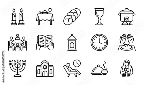 фотографія Jewish Holiday Icons: Shabbat, Menorah, Torah, Food, Prayer, Synagogue, Candles,