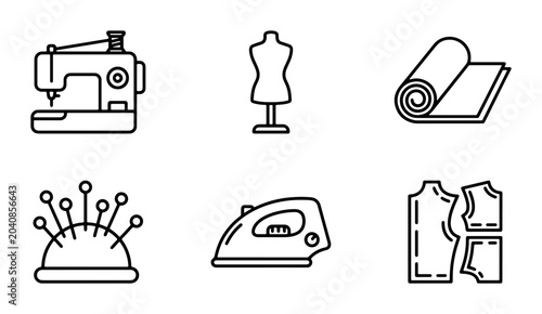 Foto Sewing Machine, Mannequin, Fabric Roll, Pins, Iron, Patterns: Crafting Icons Set