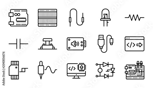 Foto Electronics Icons Set, Circuit Board, Resistor, LED, USB, Microcontroller, Vecto